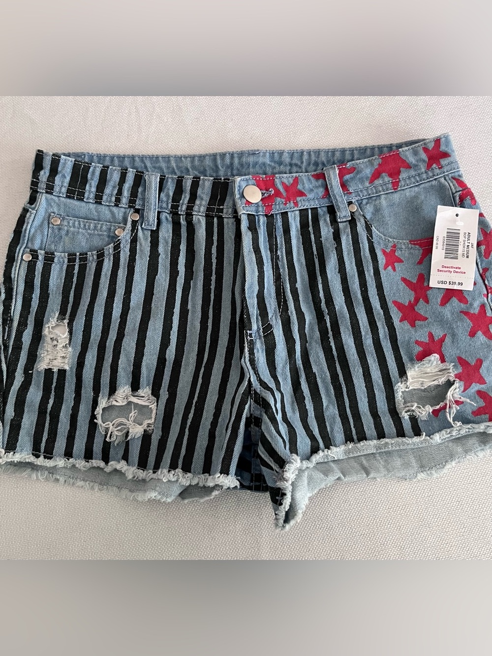 Birds of Prey Women's Distressed Stripe Denim Shorts with Red Star Accent M